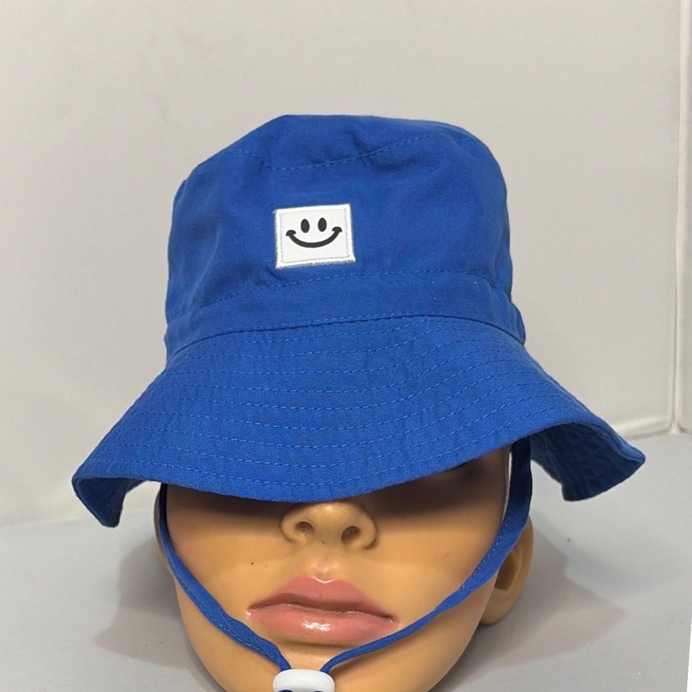 Royal Blue Smiley Face Bucket Hat UPF 50+ Adjustable Chin Strap 46cm